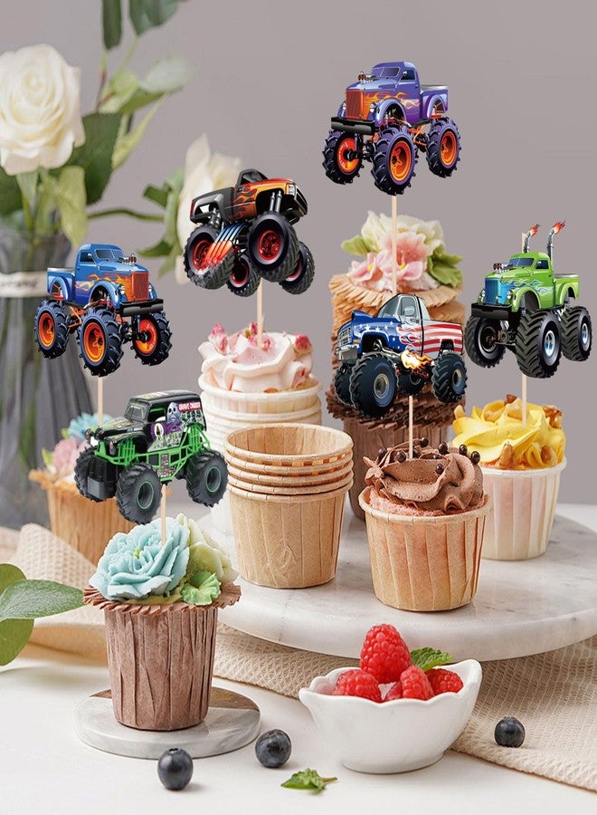 Pretyps 24 PCS Monster Truck Cupcake Toppers Truck Car Theme Birthday Party Decorations Racing Car Theme Birthday Decoration for Boys Girls Baby Shower Kids Cake Decorations Party Supplies - Image 3